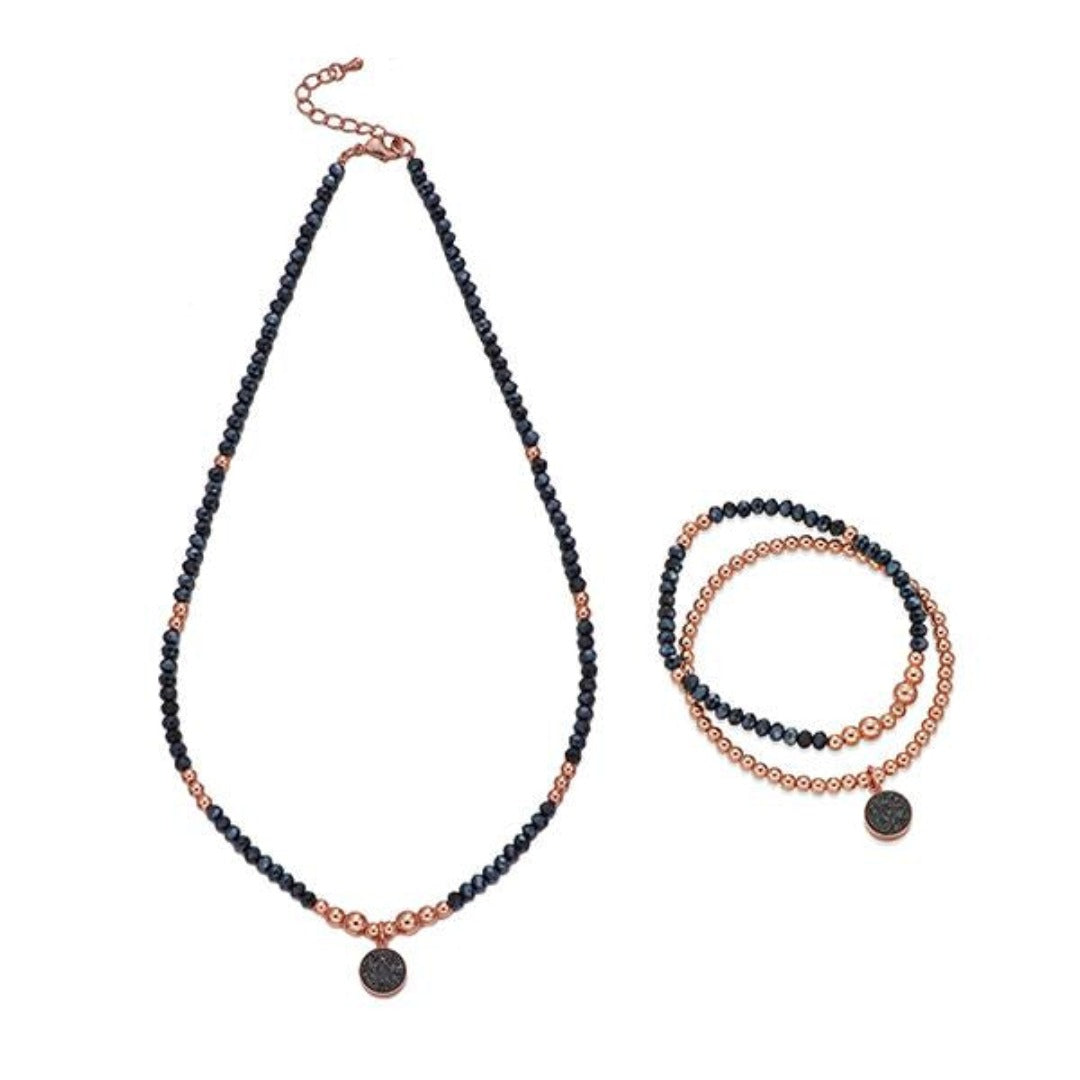 Navy and Rose Gold Bead Necklace & Bracelet Set | ${Vendor}
