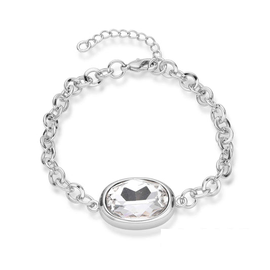 Rhodium Plated Bracelet with Large Links & Clear Crystal Charm