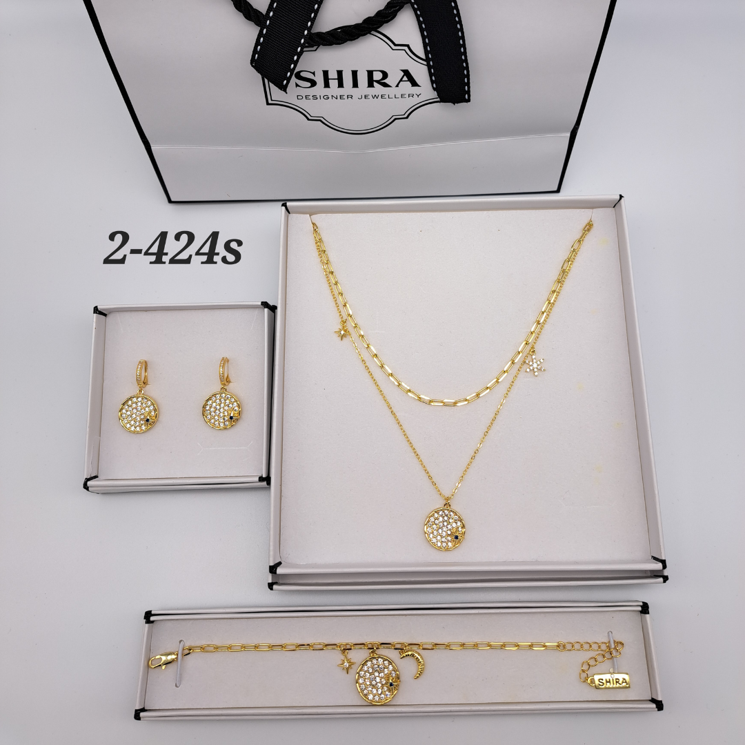 Crystal on Yellow Gold Necklace, Bracelet and Drop Earring Set