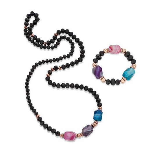 Colourful stones on Black Crystal Necklace & Bracelet Set | ${Vendor}