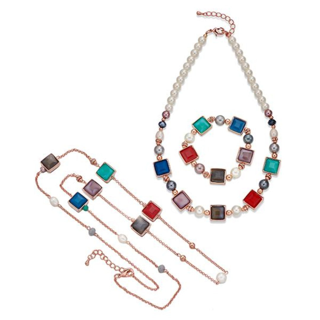 Colourful Stones and Pearls on Rose Gold Necklace (x2) &amp; Bracelet Set | ${Vendor}