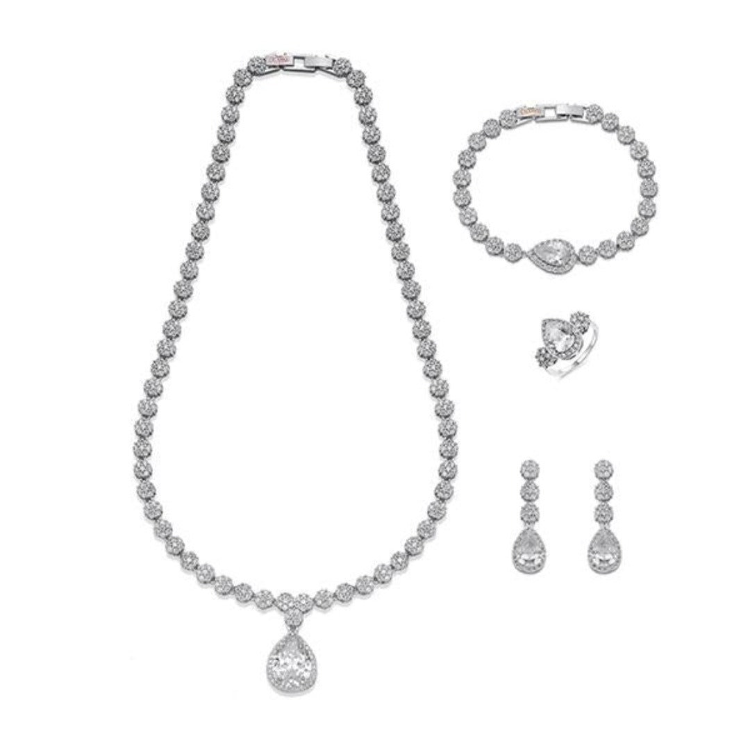 Teardrop and Round White Crystals on Silver Jewellery Set | ${Vendor}