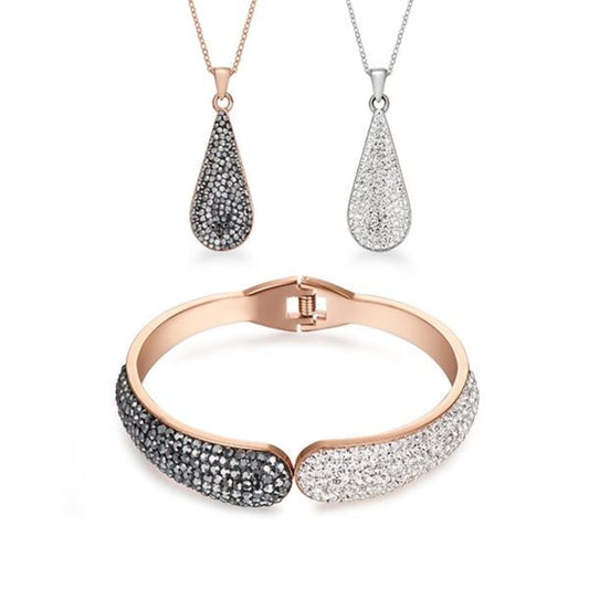 Haematite and White Crystal on Rose Gold And Silver Necklace and Earring Set | ${Vendor}