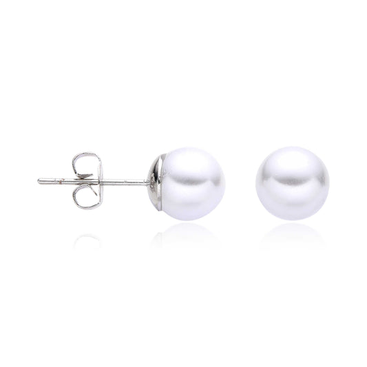 White Pearl Stud Earrings on Rhodium Plating