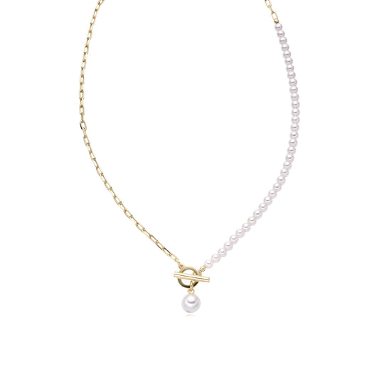 Pearl & Yellow Gold T-Bar Necklace