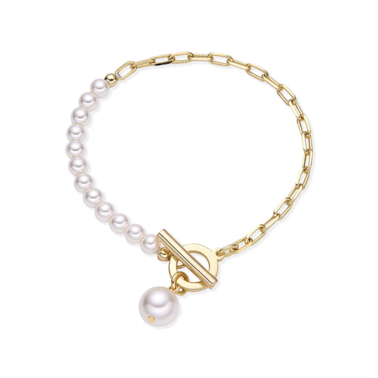 T-Bar Bracelet White Pearl and Gold Links with Pearl Charm