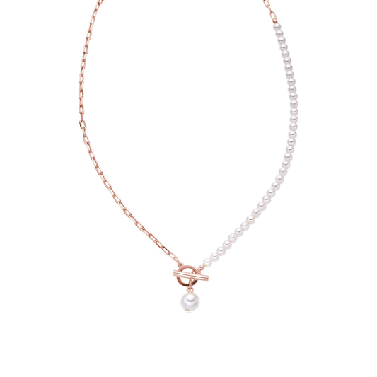 T-Bar Necklace Half Rose Gold Chain & Half Pearl with Pearl Charm