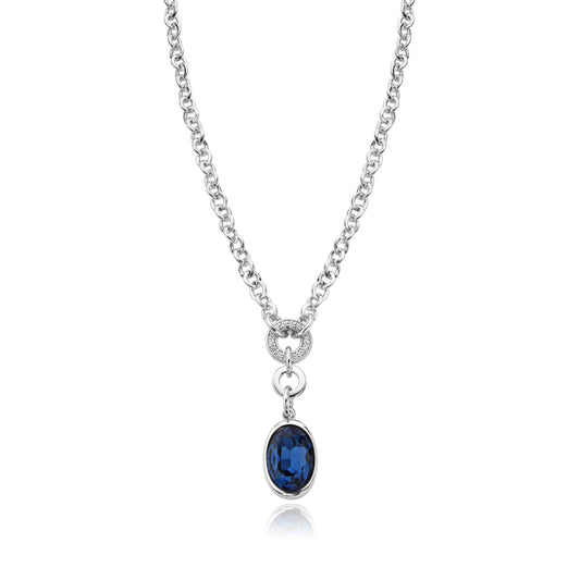 Rhodium Plated Necklace with Oval Sapphire & Crystal Pendant