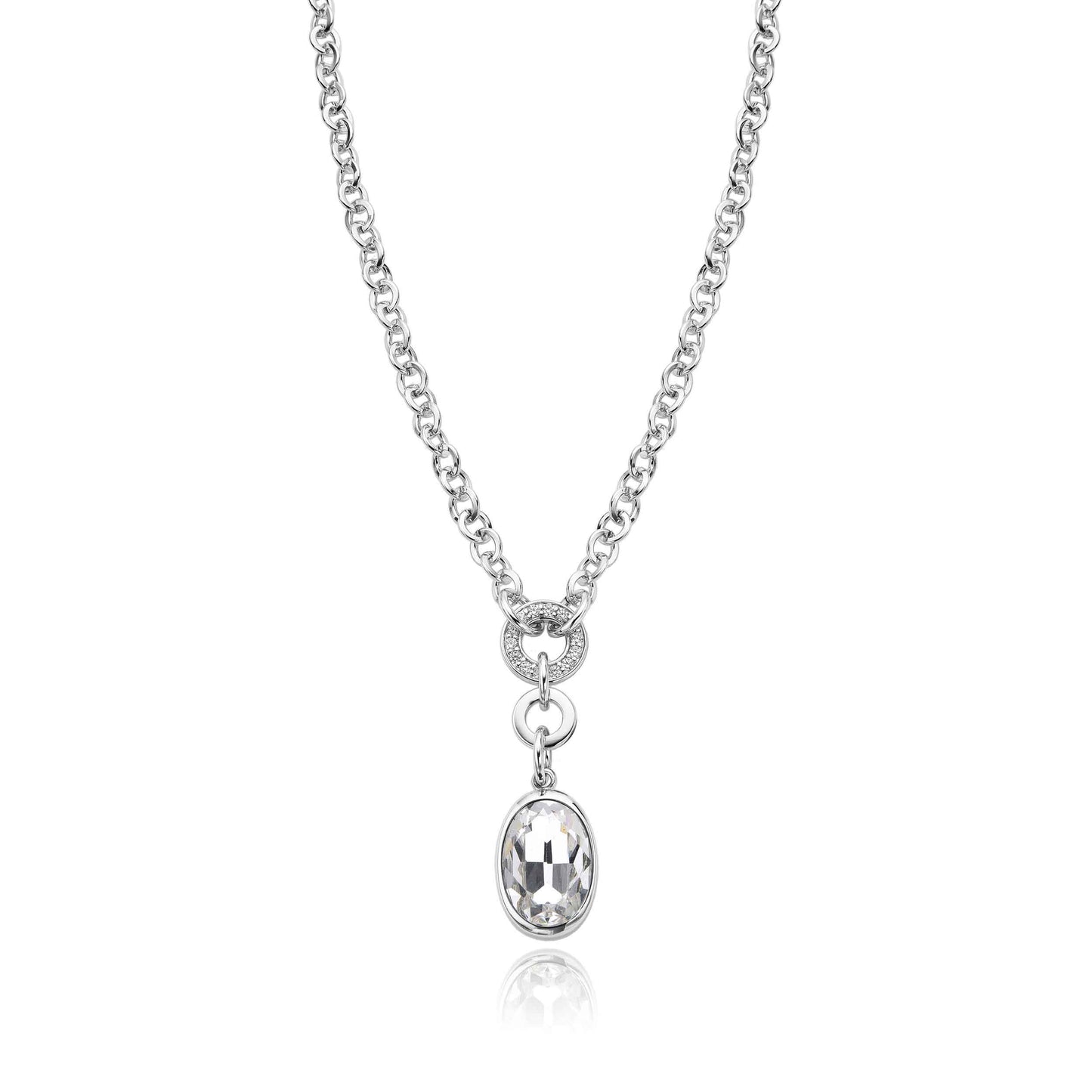 Rhodium Plated Necklace with Oval Clear Crystal Pendant