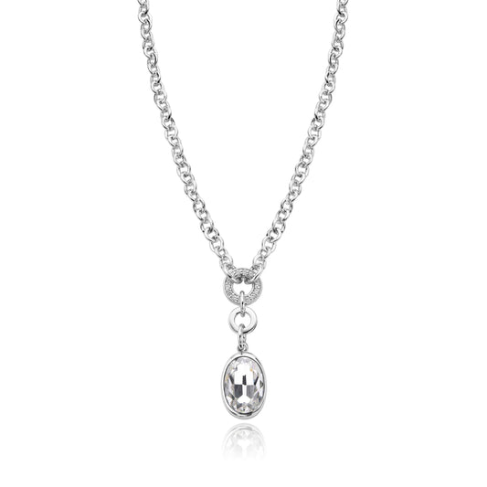 Rhodium Plated Necklace with Oval Clear Crystal Pendant