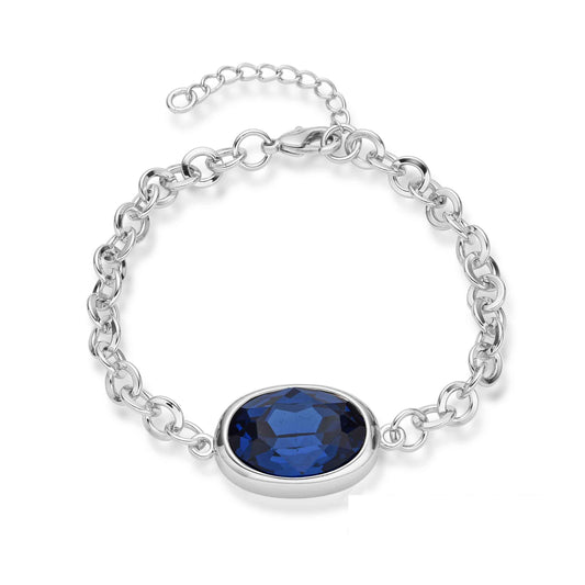 Rhodium Plated Bracelet with Large Links & Sapphire Blue Charm
