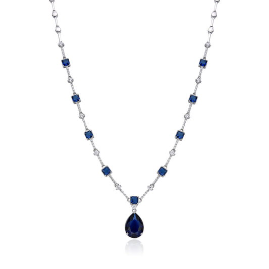 Clear Crystal & Sapphire Necklace with Rhodium Plating & Sapphire Tear Drop Charm