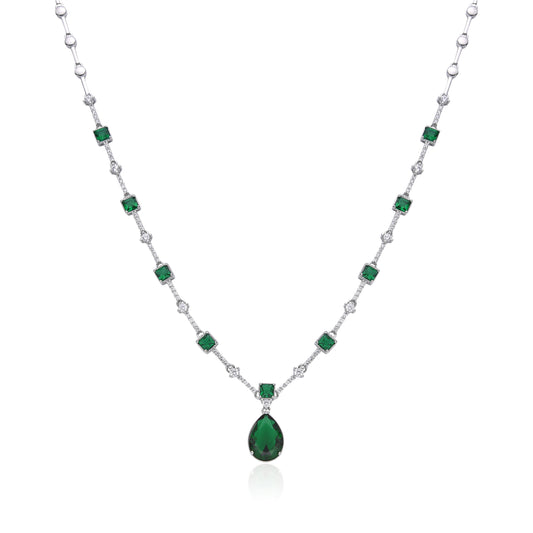 Clear Crystal & Emerald Necklace with Rhodium Plating & Emerald Tear Drop Charm