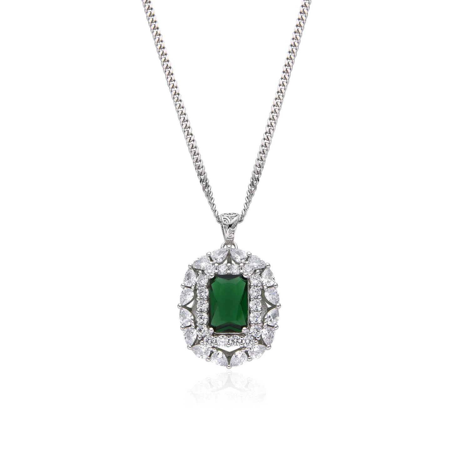 Rhodium Necklace with Emerald Green Pendant