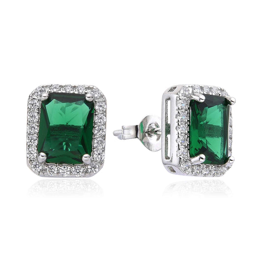 Rectangle Emerald Green & Crystal Stud Earrings