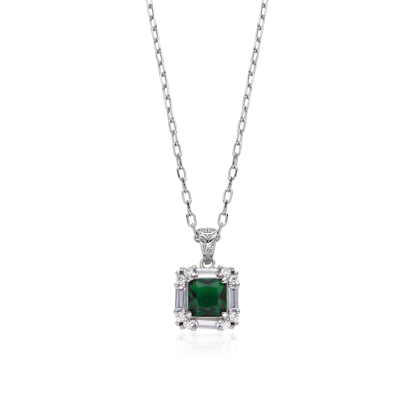 Rhodium Linked Necklace with Emerald Green Pendant