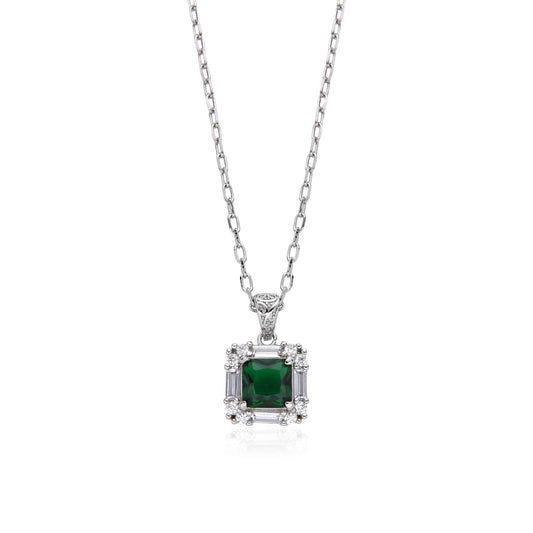 Rhodium Linked Necklace with Emerald Green Pendant