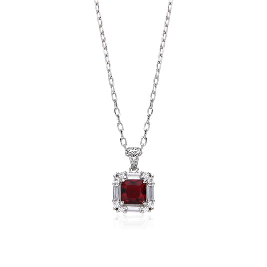 Rhodium Linked Necklace with Ruby Red Pendant