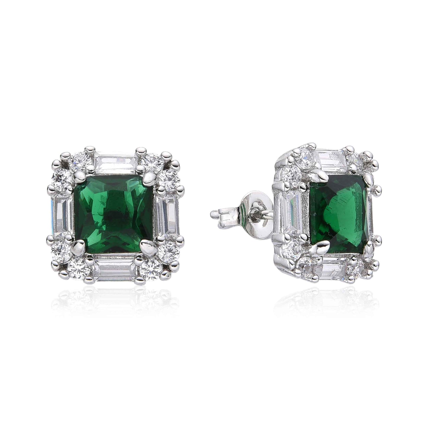 Square Emerald Green & Clear Crystal Stud Earrings