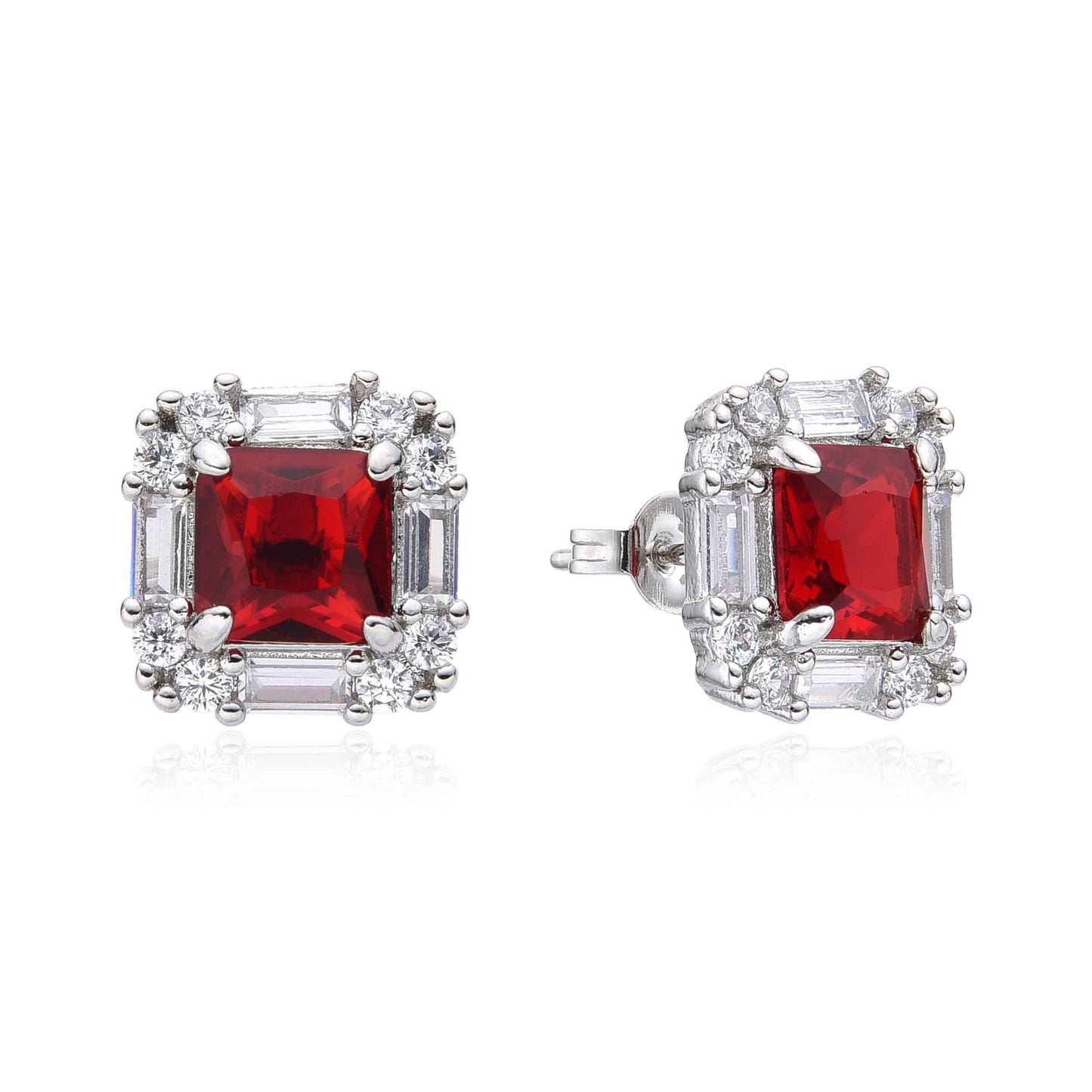 Square Ruby Red & Clear Crystal Stud Earrings
