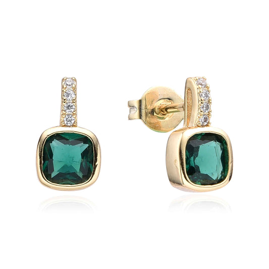Emerald Green & Clear Crystal Stud Earrings - Gold