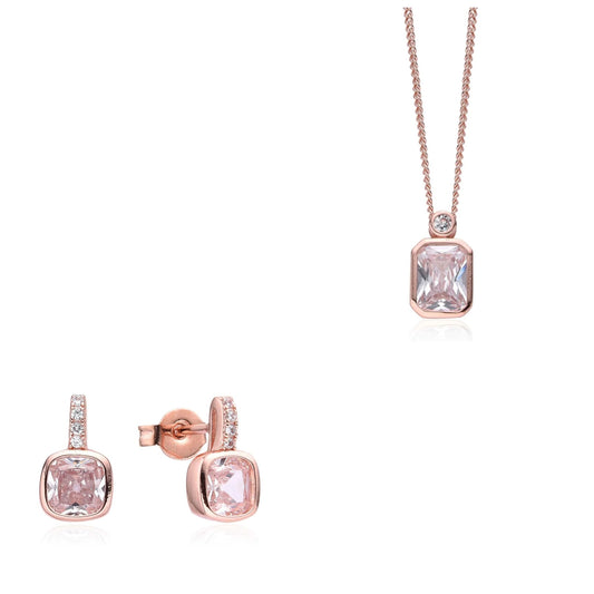 Rose Gold Necklace with Clear Crystal Necklace & Earrings Set